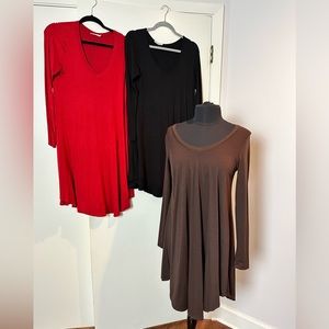 LOT: Long Sleeve Solid Botique Tunic Dresses Red, Brown, Black (LBD)